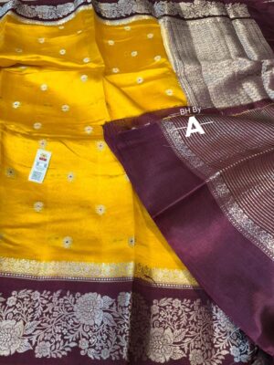 Yellow And Purple Border Pure Raw Mango Silk Saree Premium Weaving Saree with Contrast Blouse