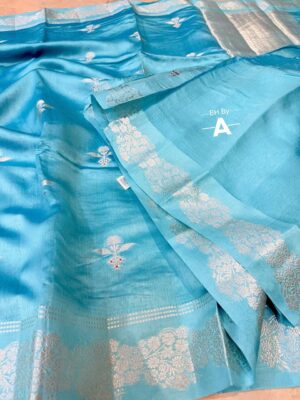 Firozi Pure Raw Mango Silk Saree Premium Weaving Saree with Contrast Blouse