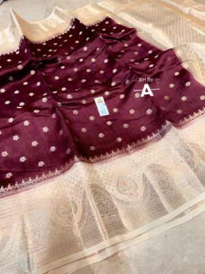 Deep Maroon And Cream White Border Pure Raw Mango Silk Saree Premium Weaving Saree with Contrast Blouse