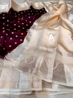 Deep Maroon And Cream White Border Pure Raw Mango Silk Saree Premium Weaving Saree with Contrast Blouse