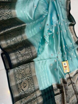 Firozi And Black Border Pure Raw Mango Silk Saree Premium Weaving Saree with Contrast Blouse