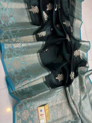 Black And Firozi Border Pure Raw Mango Silk Saree Premium Weaving Saree with Contrast Blouse
