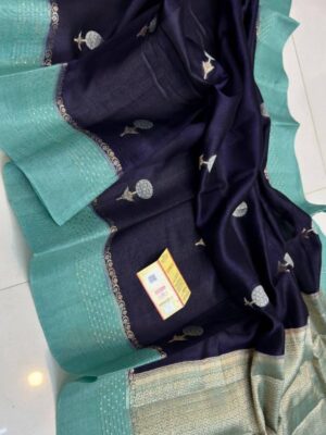 Deep Blue And Mint Green Border Pure Raw Mango Silk Saree Premium Weaving Saree with Contrast Blouse