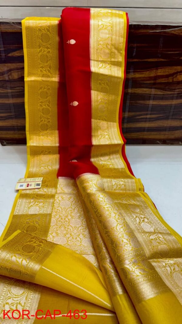 Red And Mango Yellow Border Exclusive Kora Banarasi Silk Saree Maheen Kalakari