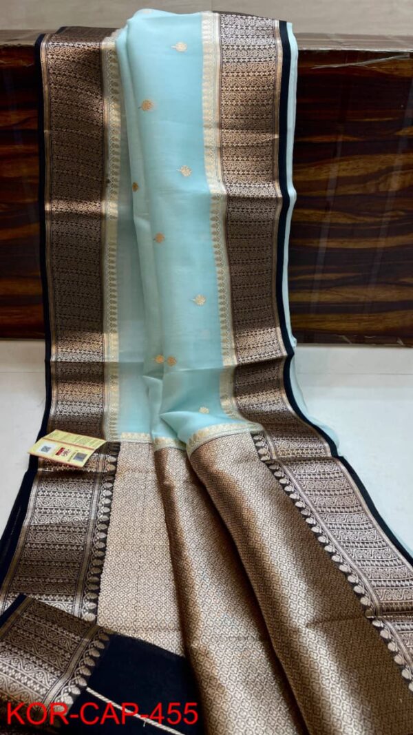 Sky Blue And Black Border Exclusive Kora Banarasi Silk Saree Maheen Kalakari