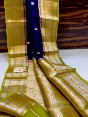 Dark Blue And Green Border Exclusive Kora Banarasi Silk Saree Maheen Kalakari