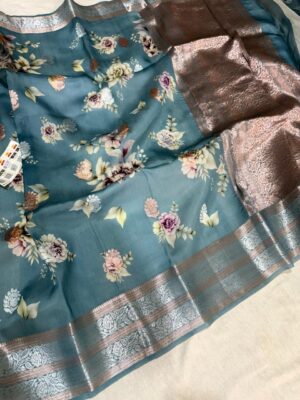 Dusty Blue Exclusive Kora Banarasi Silk Saree