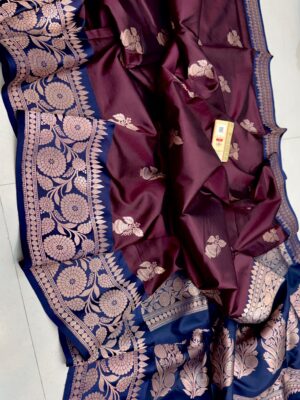Wine Red And Navy Blue Border Pure Raw Mango Silk Saree