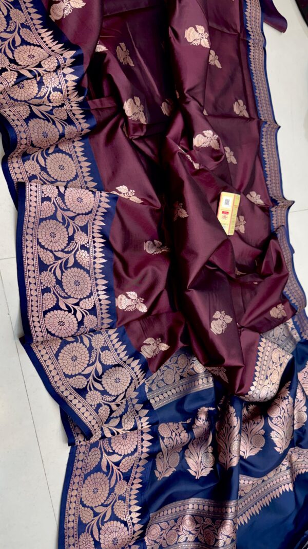 Wine Red And Navy Blue Border Pure Raw Mango Silk Saree