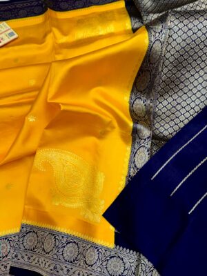 Mustard Yellow And Dark Blue Border Pure Raw Mango Silk Saree