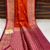 Orange And Maroon Border Pure Handloom Katan Silk Saree Antique Zari Weaving