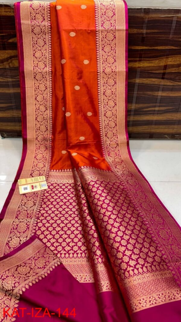Orange And Maroon Border Pure Handloom Katan Silk Saree Antique Zari Weaving