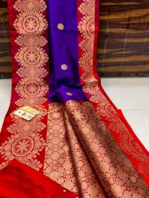 Blue And Red Border Pure Handloom Katan Silk Saree Antique Zari Weaving