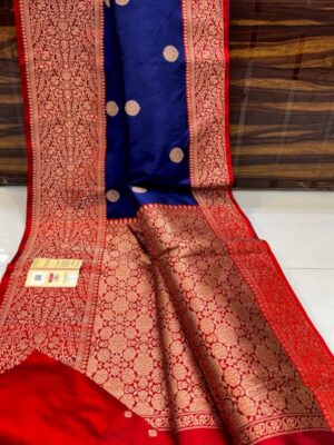 Dark Blue And Maroon Border Pure Handloom Katan Silk Saree Antique Zari Weaving