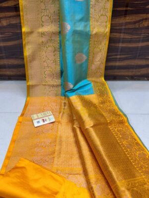 Teal Blue And Gold Yellow Border Pure Handloom Katan Silk Saree Antique Zari Weaving