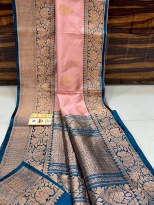 Peach Pink And Navy Blue Border Pure Handloom Katan Silk Saree Antique Zari Weaving