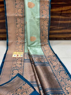 Firozi And Dark Blue Border Pure Handloom Katan Silk Saree Antique Zari Weaving