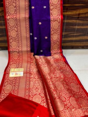 Dark  Blue And Red Border Pure Handloom Katan Silk Saree Antique Zari Weaving