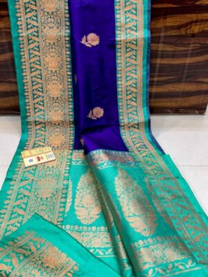 Royal Blue And Firozi Border Pure Handloom Katan Silk Saree Antique Zari Weaving