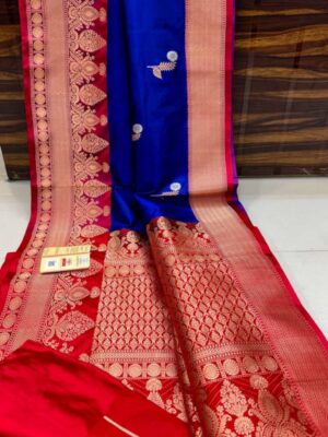 Blue And Red Border Pure Handloom Katan Silk Saree Antique Zari Weaving