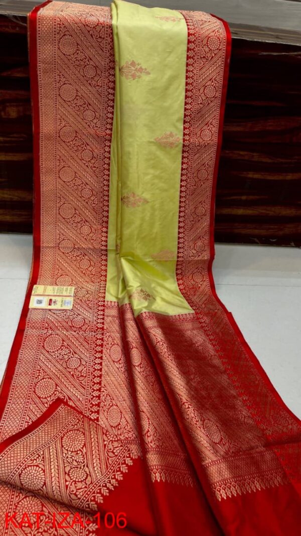 Light Green And Red Border Pure Handloom Katan Silk Saree Antique Zari Weaving