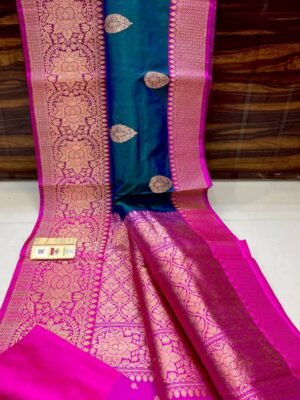 Navy Blue And Pink Border Pure Handloom Katan Silk Saree Antique Zari Weaving