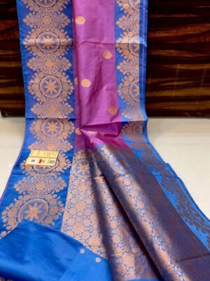 Pink And Teal Blue Border Pure Handloom Katan Silk Saree Antique Zari Weaving