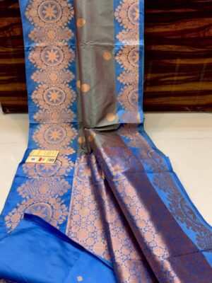 Grey And Teal blue a Border Pure Handloom Katan Silk Saree Antique Zari Weaving