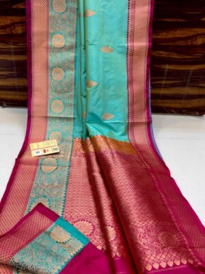 Teal Blue And Rani Pink Border Pure Handloom Katan Silk Saree Antique Zari Weaving