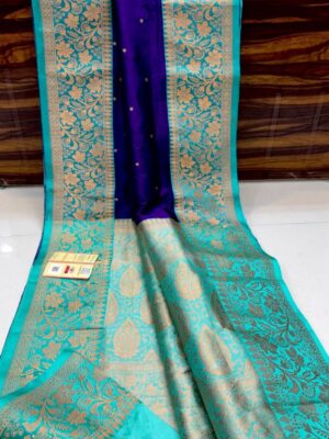 Dark Purple And Teal Blue Border Pure Handloom Katan Silk Saree Antique Zari Weaving