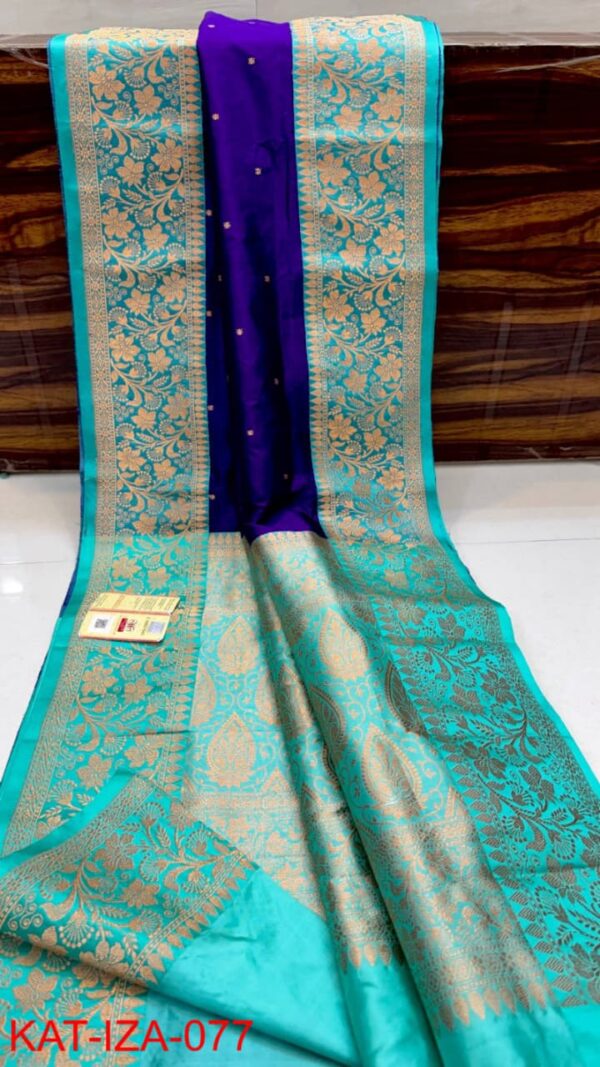 Dark Purple And Teal Blue Border Pure Handloom Katan Silk Saree Antique Zari Weaving