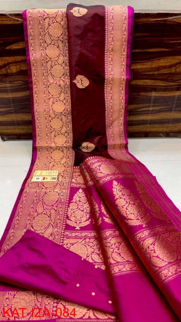 Dark Brown And Pink Border Pure Handloom Katan Silk Saree Antique Zari Weaving