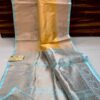 Yellow And Teal Blue Border Pure Handloom Katan Silk Saree Antique Zari Weaving