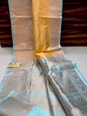 Yellow And Teal Blue Border Pure Handloom Katan Silk Saree Antique Zari Weaving
