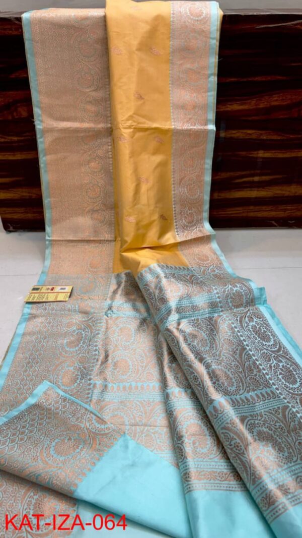 Yellow And Teal Blue Border Pure Handloom Katan Silk Saree Antique Zari Weaving