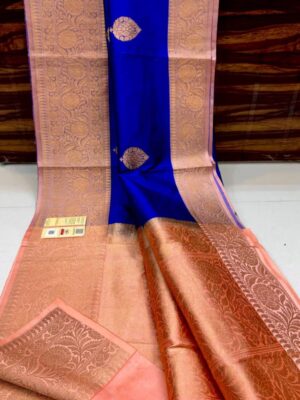 Royal Blue And Light Orange Border Pure Handloom Katan Silk Saree Antique Zari Weaving