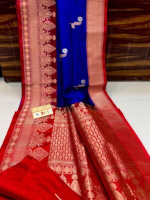 Blue And Red Border Pure Handloom Katan Silk Saree Antique Zari Weaving