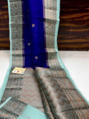 Royal Blue And Aqua Blue Border Pure Handloom Katan Silk Saree Antique Zari Weaving