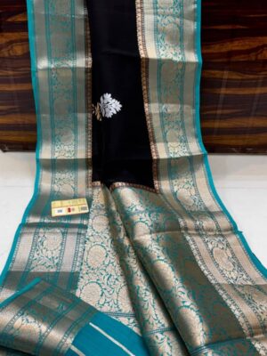 Black And Aqua Blue Border Pure Handloom Katan Silk Saree Antique Zari Weaving