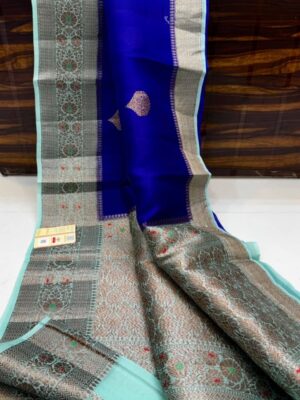Dark Blue And Aqua Blue Border Pure Handloom Katan Silk Saree Antique Zari Weaving