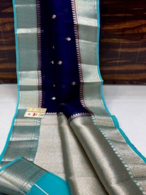 Dark Blue And Aqua Blue Border Pure Handloom Katan Silk Saree Antique Zari Weaving