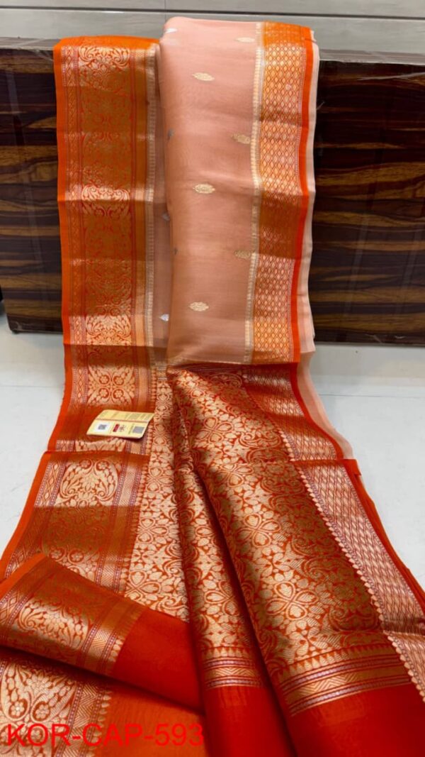 Peach Orange Pure Handloom Katan Silk Saree Antique Zari Weaving