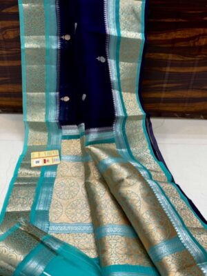 Navy Blue And Aqua Blue Border Pure Handloom Katan Silk Saree Antique Zari Weaving