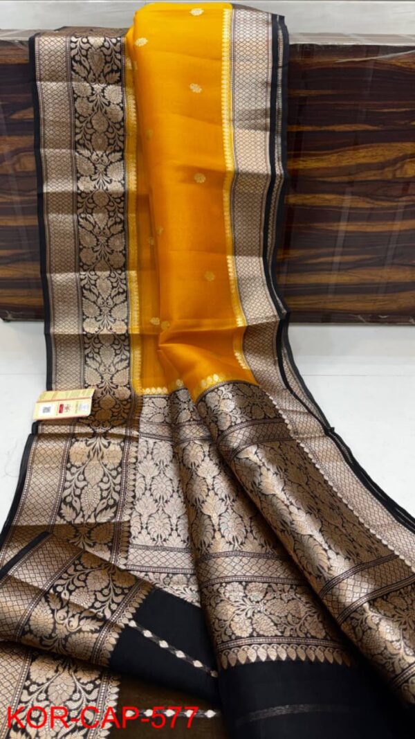Mango Yellow And Black Border Pure Handloom Katan Silk Saree Antique Zari Weaving