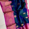 Navy Blue And Dark Pink Border Pure Handloom Katan Silk Saree with Antique Zari
