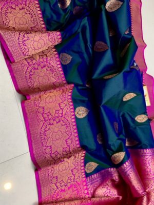 Navy Blue And Dark Pink Border Pure Handloom Katan Silk Saree with Antique Zari