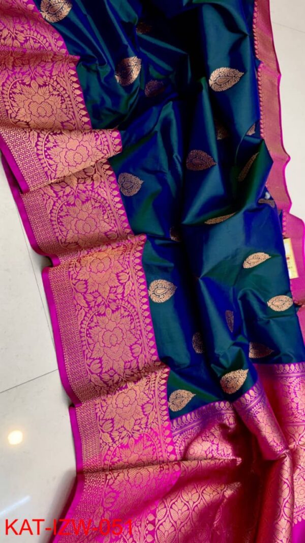 Navy Blue And Dark Pink Border Pure Handloom Katan Silk Saree with Antique Zari