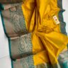 Mango Yellow And Teal Blue Border Pure Handloom Katan Silk Saree with Antique Zari
