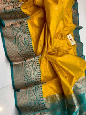 Mango Yellow And Teal Blue Border Pure Handloom Katan Silk Saree with Antique Zari