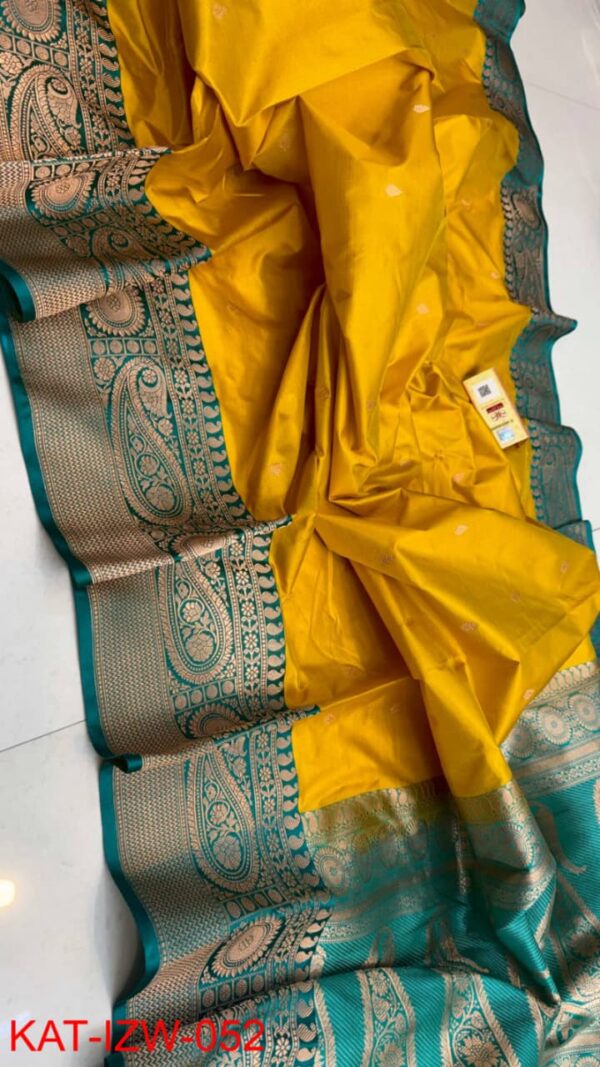 Mango Yellow And Teal Blue Border Pure Handloom Katan Silk Saree with Antique Zari